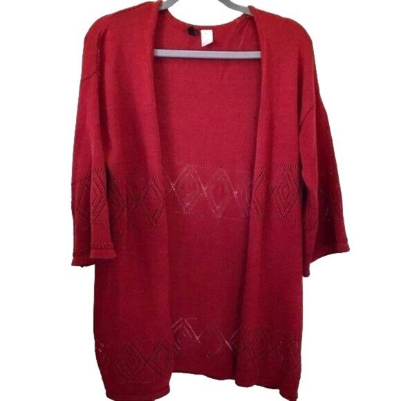 H&M Divided Women's Dark Red Crochet Cut-Out 3/4 Bell Sleeve Cardigan Size S - Picture 2 of 9